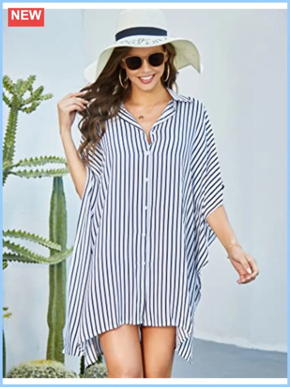 Women's Loose Fit Swim Cover Up Maxi Dress Kimono Style Button Down, Rayon, 3/4